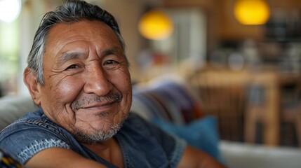Here is a concise description in One phrase: A middle-aged man with gray hair and a mustache wearing a denim shirt smiling at the camera.