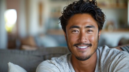 Fototapeta premium A young man with dark hair and a beard dressed in a light-colored shirt sits comfortably On a couch or sofa exuding a warm and inviting atmosphere.