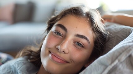 Naklejka premium A young girl with brown hair and blue eyes smiling at the camera.