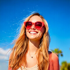 Fototapeta premium Mujer rubia y alegre llevando unas gafas de sol rojas de vacaciones de verano