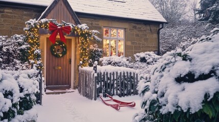 Charming snowy cottage with a wooden door adorned with a red bow and wreath, surrounded by snow-covered bushes, white picket fence, festive lights, and a red sled in the front yard.