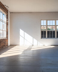 Obraz premium Bright sunlight casts shadows in a spacious interior with brick walls and large windows