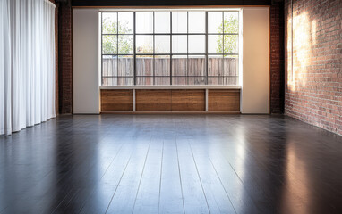 Obraz premium Bright and spacious interior with large window and wooden accents in urban setting