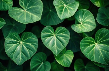 Fototapeta premium Lush Green Heart-Shaped Leaves Overlapping Against Dark Background in a Well-Lit Natural Environment Showcasing the Beauty of Plant Life and Nature's Design