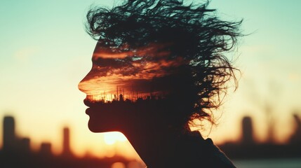 A silhouette of a woman's profile overlaid with a stunning sunset and city skyline, highlighting...