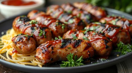 Grilled sausages served on pasta with garnishes and sauce, showcasing a delicious meal.