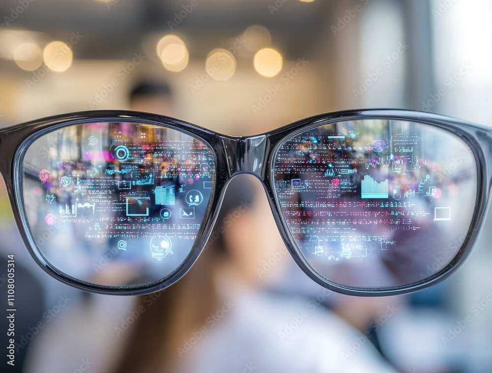 Poster modern technology and data visualization concepts reflected in glasses, showcasing digital interface