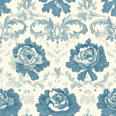 Fototapeta premium Elegant blue floral pattern design featuring roses and intricate details on a light background