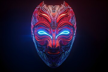 Naklejka premium A complex neon wireframe mask artistically displayed against a contrasting black background.