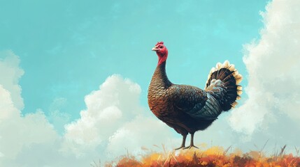 Fototapeta premium Majestic wild turkey standing proudly against a serene, pastel sky. Its iridescent plumage shimmers under the soft light, creating a picturesque scene.