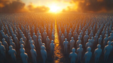 Obraz premium Many small figures stand in large group. Sun shines brightly in horizon. Figures identical but walk toward light. Unity, inclusivity emphasized. Diversity, equality concept illustrated. Group of