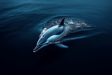Fototapeta premium A lone dolphin gracefully glides through the deep blue ocean.