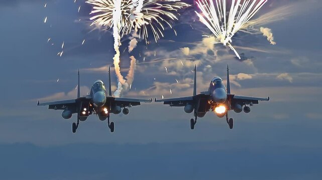 Two Sukhoi SU 35 fighter jets execute stunning aerial maneuvers amidst vibrant fireworks explosions, showcasing the thrill and excitement of military aviation during a spectacular airshow