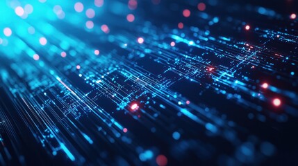 Fototapeta premium A vibrant, abstract representation of digital data streams, showcasing glowing lines and dots in a blue atmosphere, evoking a sense of technology and innovation.