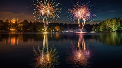 Vibrant fireworks display over calm lake at night, reflected in still water.