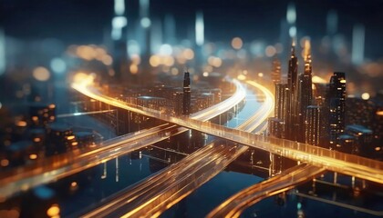 Obraz premium Futuristic cityscape at night with illuminated highways and traffic in a long-exposure effect showcasing technology