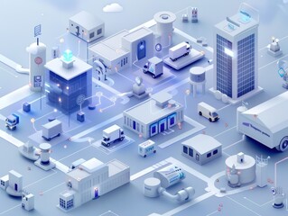 Obraz premium A stylized cityscape featuring various buildings and vehicles in a grid layout.