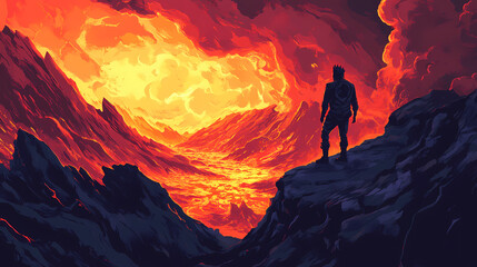 Infernal demon lord overlooking lava. demonic overlord. illustration. Infernal. Illustration