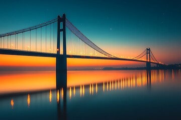 Obraz premium Suspension bridge over water at sunset with city lights reflecting in the water