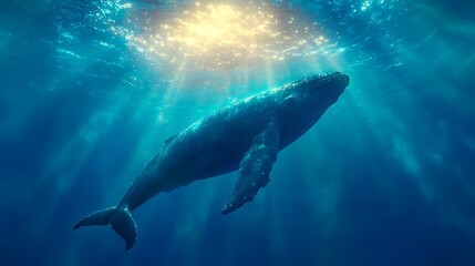 A majestic whale swimming beneath sunlit ocean waters.