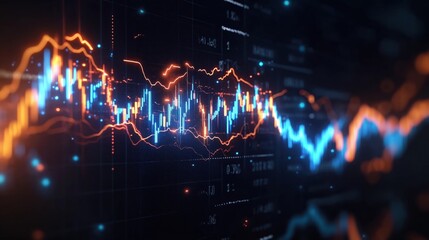 Fototapeta premium Animated market volatility graph shows financial flux with lightning speedlight effects. Dynamic chart fluctuating stock prices. Trendy tech illustration for financial news site business magazine.