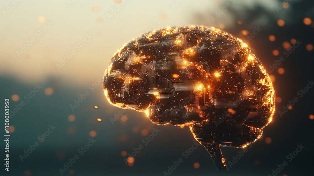 Poster Illuminated brain concept showing neural connections and synapses at sunset