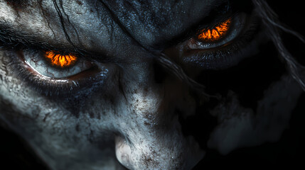 Menacing eyes gleam with malice from a twisted, contorted face, dark shadows accentuating sinister features and cruel intentions in a chilling, ominous portrait. Infernal. Illustration