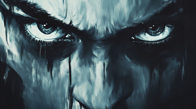 Menacing eyes gleam with malice from a twisted, contorted face, dark shadows accentuating sinister features and cruel intentions in a chilling, ominous portrait. Infernal. Illustration