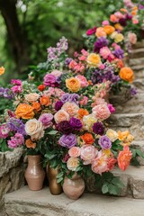 Naklejka premium Vibrant Arrangement of Colorful Roses and Wildflowers Decoration Along Stone Steps in a Lush Garden Setting