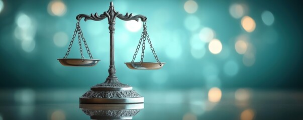 Balanced silver scale sits on reflective surface. Symbol of justice, fairness. Blurred background of lights creates soft ambiance. Ideal for legal themes, concepts. Image evokes neutrality,