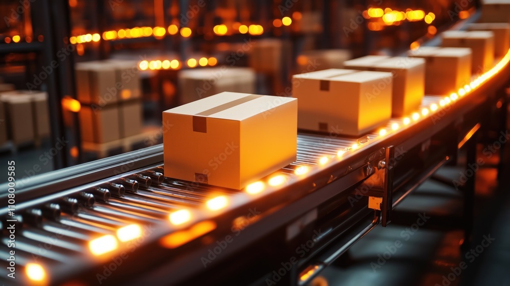 Aufkleber boxes move on conveyor belt in warehouse. logistics tech facilitates quick shipping. ecommerce compa