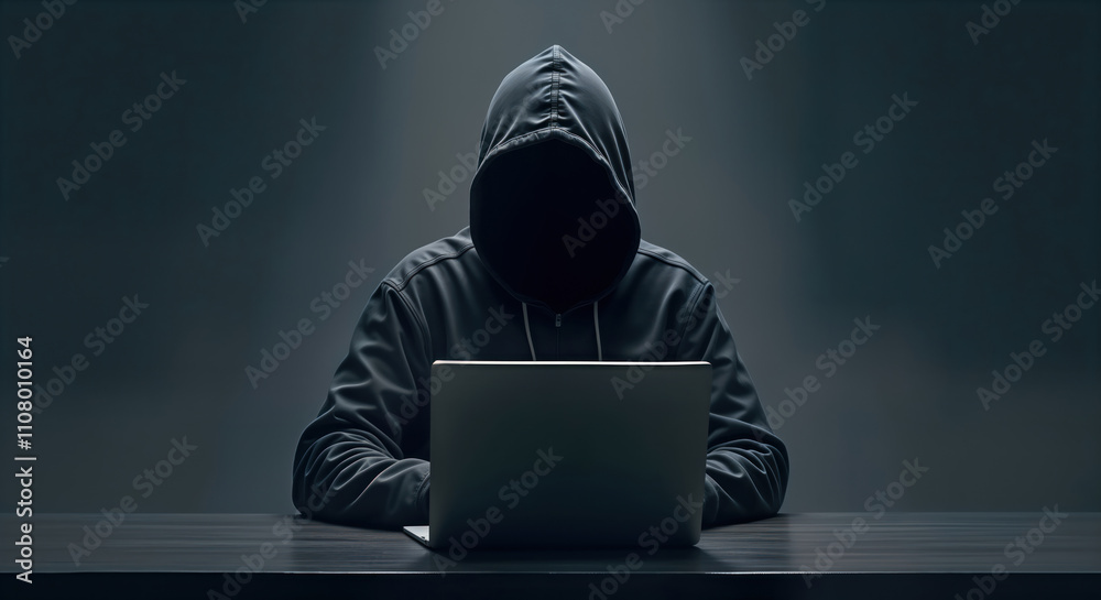Leinwandbilder Anonymous hacker sits at dark table working on laptop. Cybercrime, cybersecurity concept illustrated. Dark background technology focus. Digital crime simulation. Male character in dark hoodie.