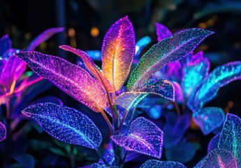 Vibrant Colorful Leaves Illuminated with Neon Lights Creating a Magical Atmosphere in a Tropical Garden at Night, Emphasizing Nature's Beauty and Diversity
