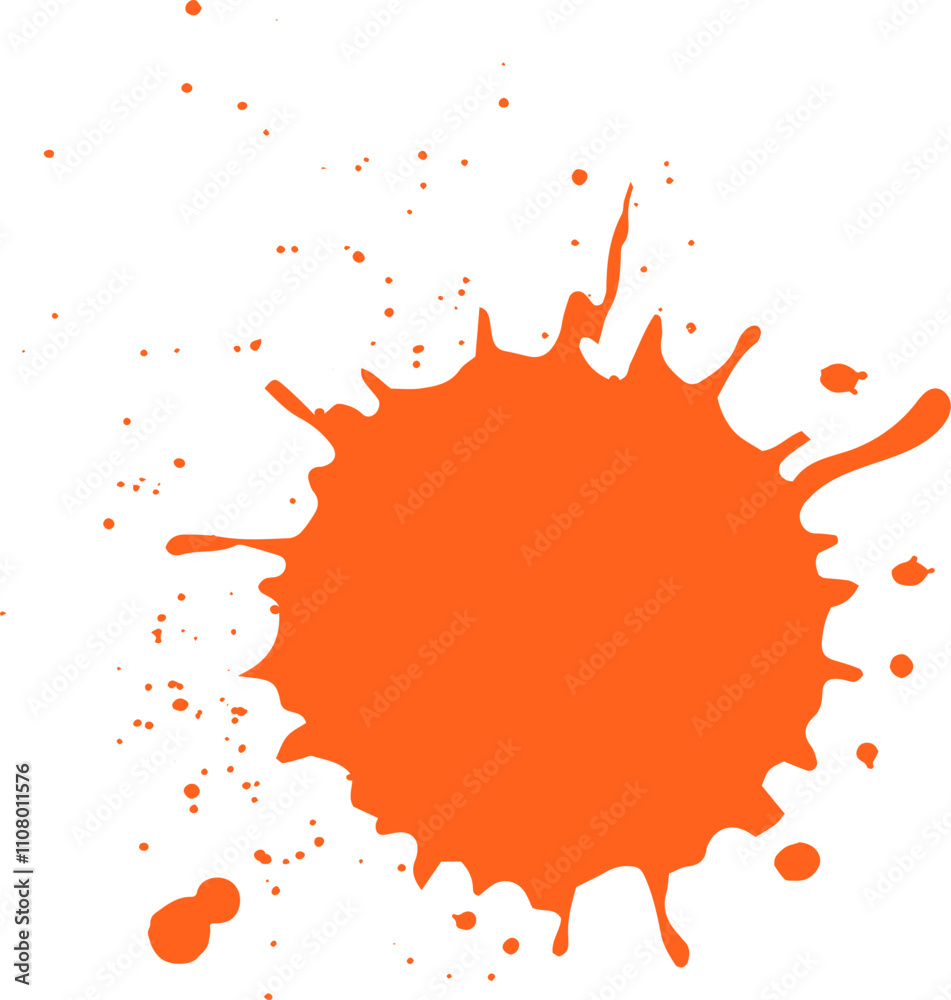 Poster vibrant orange paint splashes and drips on a white background, creating a colorful abstract design w