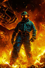 Fototapeta premium Steelworker in blue protective clothing, standing in front view, surrounded by an industrial background of molten steel and flames.