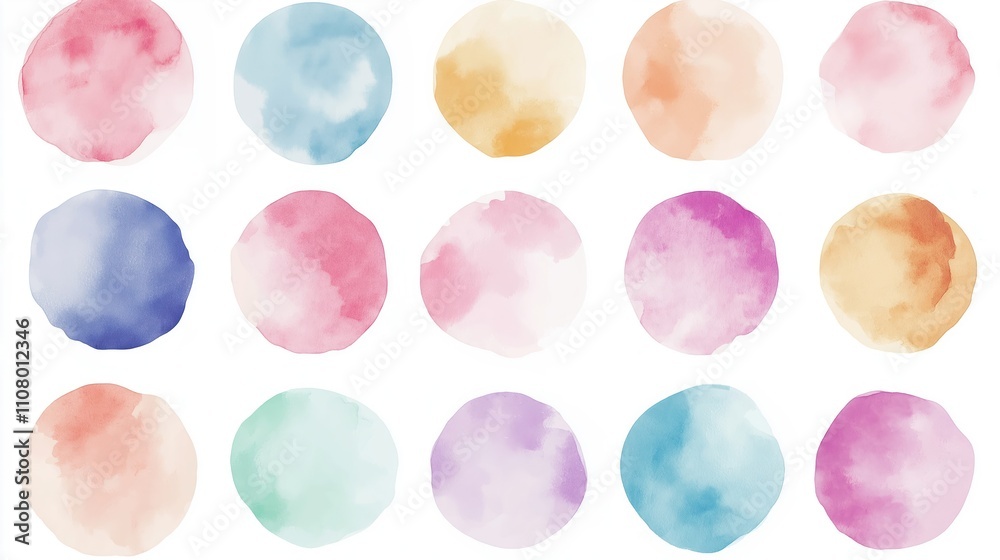 Poster colorful circular watercolor brush strokes. pastel shades create vibrant design. abstract shapes for
