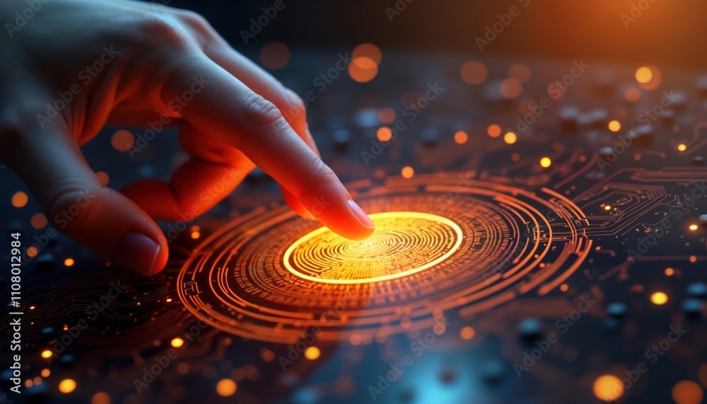 Aufkleber Hand touches glowing digital interface. Futuristic tech concept. Hand interacts with holographic display. Network communication. Modern tech. Digital future. Hologram security system. Advanced tech.