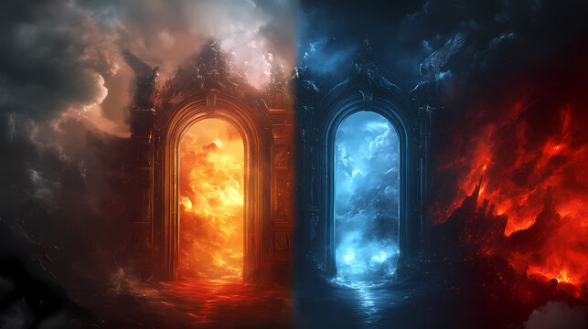 Ethereal gates of heaven contrasting with fiery gates of hell divine light vs infernal flames symbolic choice concept. Infernal. Illustration
