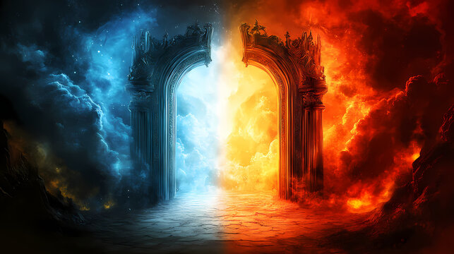 Ethereal gates of heaven contrasting with fiery gates of hell divine light vs infernal flames symbolic choice concept. Infernal. Illustration