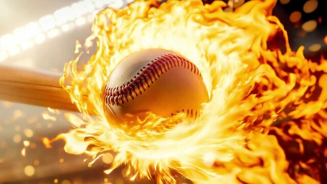 Dynamic baseball action captured at the moment of fiery impact.