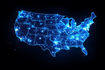 Illuminated Digital Map of the United States with Network Connections and Stars