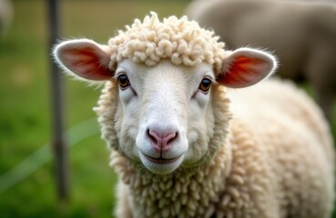 Obraz premium Close-up portrait of funny white sheep in meadow. Sheep looks directly at camera with curious expression. Fluffy white wool, pink nose. Natural rural farm background. Green grass field. Calm, happy