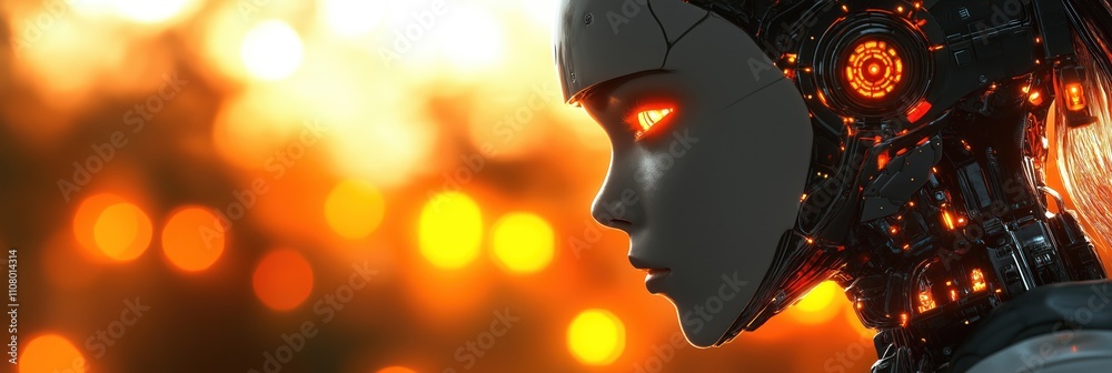 Poster retro futuristic robot profile view. ai breakthrough concept. nostalgic black, white style. focus on