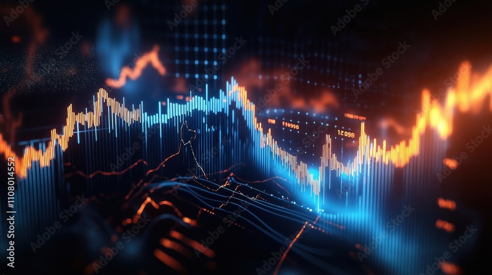 Poster animated financial market graph shows volatility. graph lines bright orange, bright blue colors. abs