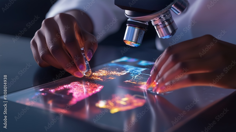 Poster exploring microscopic details with advanced technology in a laboratory setting