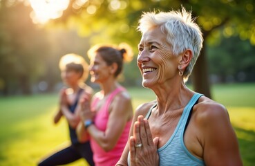 Group of senior women practicing yoga in park. Smiling, engaged in workout session. Active retirement community. Stretching, working together for health, well. Joyful moment outdoors in nature.