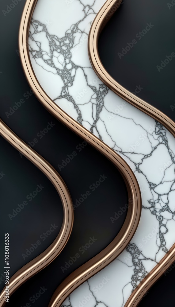 Poster Abstract monochrome marble design with vertical copper metallic lines. Stylish texture background in black, white marble. Modern luxury interior exterior design. High-quality material with smooth