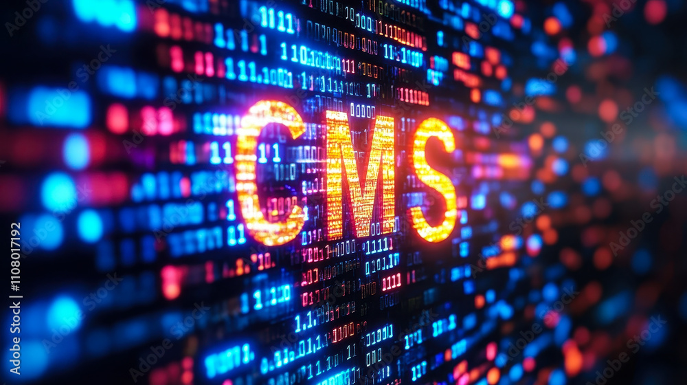 Poster binary code shaping cms for content management system concept in digital technology