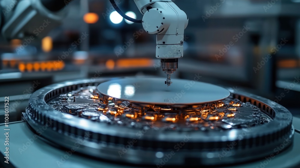 Poster Robotic arm precisely handles silicon wafer in semiconductor factory. Automated process for wafer transfer moves items across tool table. Fast, precise movements. Manufacturing process ongoing in