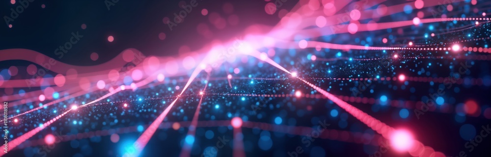 Poster Abstract network design with glowing neon lines, particles. Futuristic tech background. Vibrant colors create dynamic virtual reality scene. Abstract geometric pattern suggesting data flow,